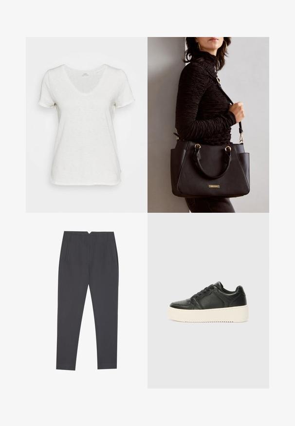 Tricou alb cu gât în V, fabricat dintr-un material moale și texturat. Mâneci scurte și o croială lejeră, fără modele sau accente vizibile.; Pantaloni tapered gri închis, cu buzunare laterale și plisuri frontale, concepuți pentru o potrivire ajustată.; Sneaker din piele neagră cu o textură netedă, talpă groasă de culoare crem, vârf rotund și design clasic cu șireturi. Detalii de cusătură subtile.; Geantă de umăr neagră cu suprafață texturată, cu două mânere superioare și curea de umăr ajustabilă. Dispune de accesorii metalice de culoare aurie și buzunare laterale.