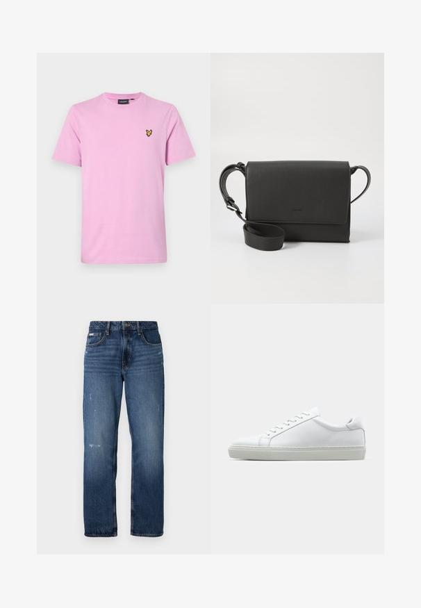 Camiseta de algodón rosa claro con cuello redondo, mangas cortas y un pequeño logo bordado de un pájaro amarillo y negro en el pecho.; Jeans de mezclilla azul con diseño de pierna recta. Presentan áreas desgastadas y ligero distress en la parte frontal, con un cierre clásico de botón.; Zapatilla blanca con parte superior de cuero liso y perfil bajo. Presenta una puntera redondeada, seis ojales y una suela de goma texturizada.; Bolsa cruzada de cuero negra con un acabado texturizado, forma rectangular, cierre de solapa, correa ajustable y detalle sutil del logo.