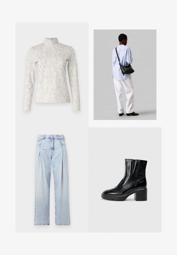 Pikka varrukate ja kõrge kaelusega valgekreemi toonis tipp, millel on hall tõstetud lillemuster, sobivas lõikes ja ilma sulgemisteta.; Heledad sinise denimist valmistatud teksapüksid kõrge vöökohaga, laia jala lõikega, kahe külje taskuga ja pleedi disainiga. Pehme tekstuur ja pleekinud viimistlus.; Mustmustest must paeltega särkide, millel on kõver varvas, elastsed külgpaneelid ja jäme plokkpealse. Tagaküljel on reljeefne logo.; Must have mustras alasi nahkpatsi, pehme tekstuuriga, kolmnurkse kujuga ja reguleeritava rihmaga, koos helesinise triibulise särgi ja valgete pükstega.