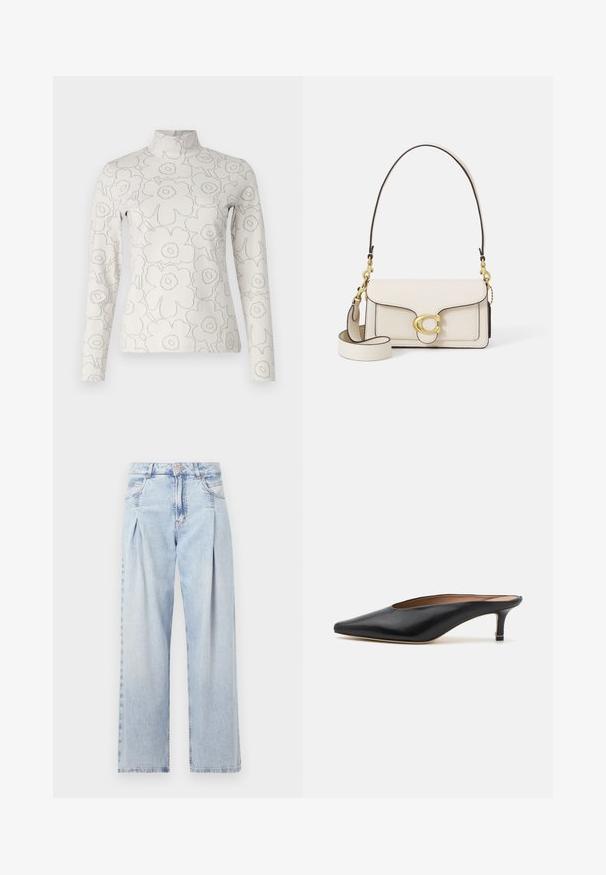 Langarm-Turtleneck aus leichtem Creme-Stoff mit einem erhabenen Blumenmuster in Grau. Der Schnitt ist tailliert und hat keine Verschlüsse.; Helle blaue Denim-Jeans mit hoher Taille, weitem Beinschnitt, zwei seitlichen Taschen und gefaltetem Design. Weiche Textur mit einem ausgebleichten Finish.; Schwarze Leder-Mules mit spitzem Zehenbereich und niedrigem Blockabsatz. Glatte Textur mit elegantem Design. Offene Rückseite mit minimaler Gestaltung.; Cremfarbene Leder-Handtasche mit strukturiertem Design, kontrastierenden schwarzen Kanten, goldenen Beschlägen und einem abnehmbaren Tragegurt mit einem charakteristischen Logo.