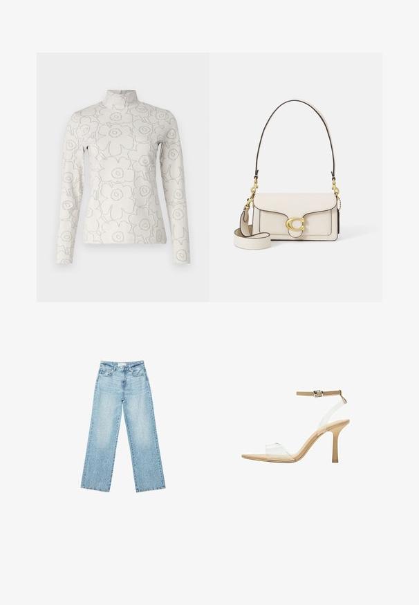 Langarm-Turtleneck aus leichtem Creme-Stoff mit einem erhabenen Blumenmuster in Grau. Der Schnitt ist tailliert und hat keine Verschlüsse.; Helle blaue Denim-Jeans mit weitem Bein und hoher Taille, im lässigen Look mit einem ausgewaschenen Finish und kleinen, verstreuten Used-Effekten.; Durchsichtige Sandale mit transparentem Obermaterial, beigem Fußbett und einem schlanken Knöchelriemen. Sie hat eine spitz zulaufende Zehenpartie und einen dünnen, hohen Absatz.; Cremfarbene Leder-Handtasche mit strukturiertem Design, kontrastierenden schwarzen Kanten, goldenen Beschlägen und einem abnehmbaren Tragegurt mit einem charakteristischen Logo.