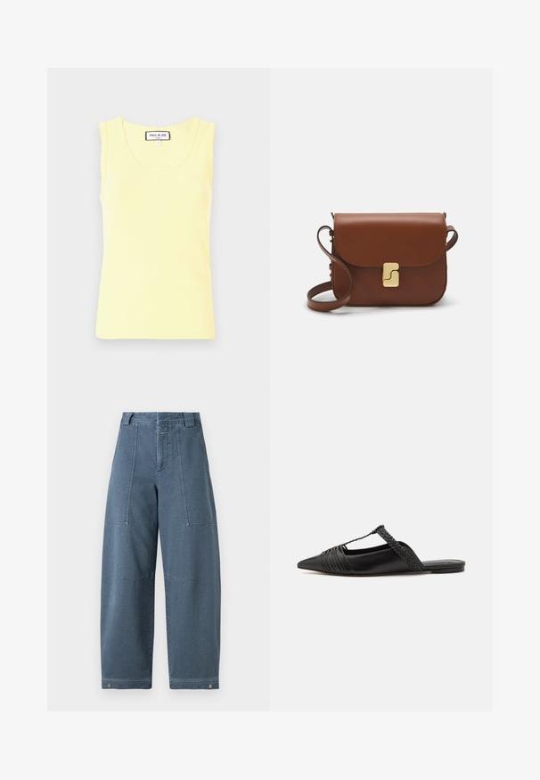 Geltona juostelėta liemenėlė su apvalia iškirpte, banguotais kraščiais ir mažo išgaubto logotipo centre. Pagaminta iš minkštos medžiagos, trumpomis rankovėmis.; Mėlynos ir baltos juostos marškiniai su mygtukais, ilgomis rankovėmis, vienu krūtinės kišeniu ir klasikinėmis apykaklėmis, pagaminti iš lengvos medžiagos.; Šviesiai mėlynos džinsinės laisvos kelnės, turinčios tekstūruotą paviršių, du priekinius kišenes ir patvarius siūlus apačioje.; Juodos odinės slingback bateliai su smailiu pirštu, turintys audinį akcentą ir raukšlėtą viršutinį dizainą. Lygus padas su minimaliais aksesuarais.; Ruda odinė rankinė su uždaromu dangteliu, aukso spalvos detalėmis, petneša ir lygiu paviršiumi. Kompaktiška stačiakampio formos.