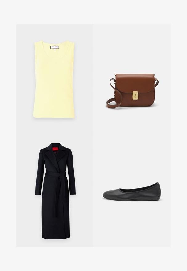 Dzeltena ribota topiņa ar apaļu dekoltē, viļņotām malām un nelielu iegrieztu logotipu centrā. Izgatavota no mīksta auduma, ar īsām piedurknēm.; Melnas pusgarās mēteles ar garām piedurknēm, apvilktu dizainu un atbilstošu jostu. Izgatavota no gludas auduma, ar sagrieztu apkakli un sānu kabatām.; Melna ādas baleta kurpe ar noapaļotu purngalu, gludu tekstūru, minimālu šuvju detalizāciju un elastīgu zoles dizainu.; Bordo ādas rokas soma ar atloku, zeltītām detaļām, plecu siksnu un gludu virsmu. Kompakta, taisnstūrveida forma.