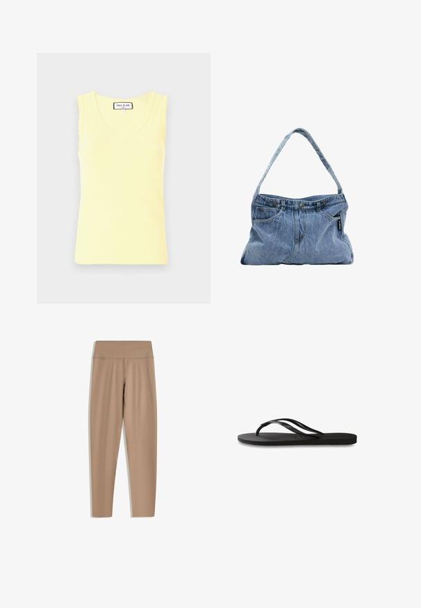 Top de bumbac galben cu nervuri, cu decolteu rotund, margini cu valuri și un mic logo embosat în centrul acestuia. Fabricat dintr-un material moale, cu mâneci scurte.; Leggings bej cu talie înaltă, realizate dintr-un material neted și elastic. Prezintă o croială ajustată și nu au elemente hardware vizibile sau modele.; Încălțăminte tip flip-flop neagră cu o talpă din cauciuc texturat, două bretele subțiri și un detaliu discret, embosat cu logo pe bretea.; Geantă din denim cu un umăr curb, două buzunare frontale și un capac cu nasture, având un material de culoare albastră deschisă și detalii contrastante de cusătură.