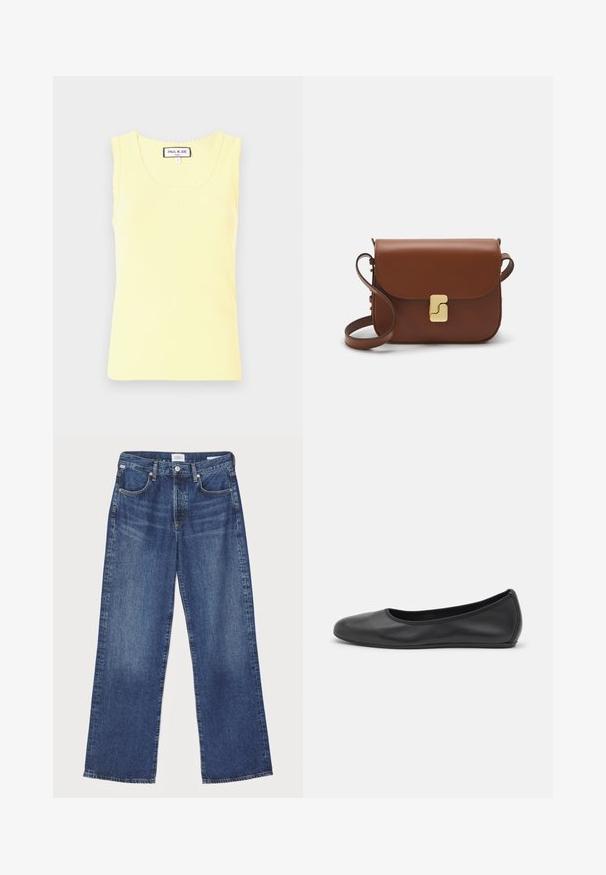 Top de bumbac galben cu nervuri, cu decolteu rotund, margini cu valuri și un mic logo embosat în centrul acestuia. Fabricat dintr-un material moale, cu mâneci scurte.; Citizens of Humanity ANNINA - Blugi drepți - westwood dark indigo; Balerini din piele neagră, cu vârf rotund, textură netedă, detalii de cusătură minimale și un design al tălpii flexibil.; Geantă de piele maro cu închidere tip capac, accesorii de culoare aurie, curea de umăr și o textură netedă. Formă compactă și rectangulară.