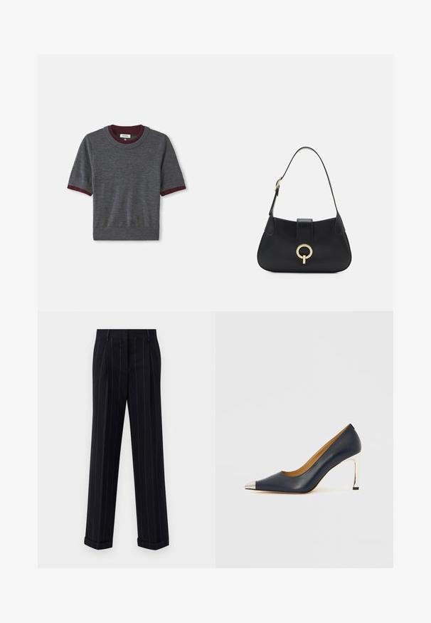 Šedý svetr s krátkým rukávem a vínovým žebrovaným límcem a lemy rukávů; vyrobený z měkké tkaniny s přiléhavým střihem a mírnou strukturou.; Černé pruhované kalhoty s úzkým střihem, se zúženým lemem a předními sklady. Vyrobené z hladkého materiálu se strukturovaným designem.; Tmavě modrá kožená lodička na vysokém podpatku s špičatou špičkou, zdobená stříbrným kovovým zakončením a lesklým stříbrným jehlovým podpatkem.; Černá kožená kabelka s zakřiveným siluetou, krátkým popruhem, centrálním zlatým kováním a hladkým povrchem. Bez viditelných vzorů nebo akcentů.