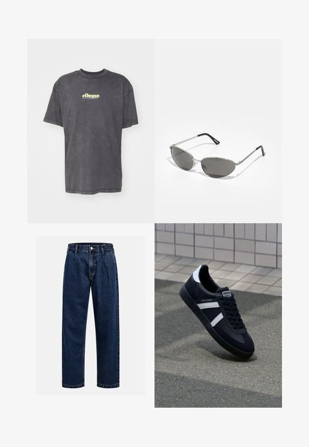 Pelēks liels T-krekls no mīksta kokvilnas, ar apaļu kakla izgriezumu un īsām piedurknēm. Priekšpusē ir dzeltenais "ellesse Resort" logo.; Tumši zilie džinsu bikses ar taisna kāju dizainu. Iezīmējas redzamas šuves, pogu aizdare un priekšējie gurni papildu detaļām.; Melnā ādas sporta apavi ar baltām svītrām, teksturēta gumijas zole un auklu aizdare. Iekļauj zīmola etiķeti uz mēles.; Saulesbrilles ar elegantu sudraba metāla rāmi, pelēkās nokrāsas lēcām un aerodinamisku dizainu, kas izceļas ar izliektiem stūriem un plānām kājām.; Sudraba tonēta metāliska kaklarota ar pagrieztas ķēdes dizainu un apļa piekariņu ar gludu apdari.