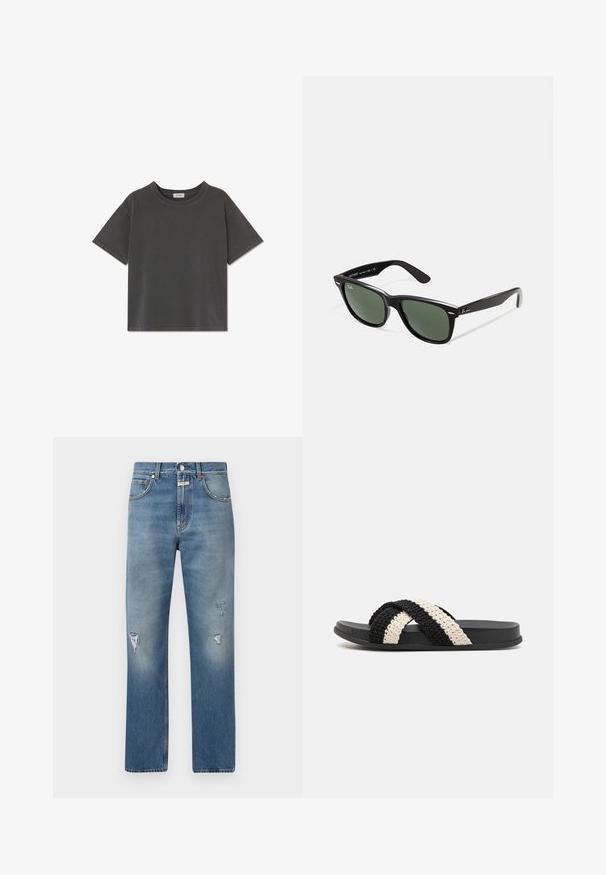 Szara bawełniana koszulka z krótkim rękawem, okrągłym dekoltem i luźnym krojem. Powierzchnia jest gładka, a szwy są widoczne wzdłuż brzegów.; Czarna kamizelka z delikatnym koronkowym wykończeniem na brzegach, asymetrycznym krojem, regulowanymi ramiączkami i gładkim, satynowym materiałem.; Jasnoniebieskie dżinsy o luźnym kroju, z przetarciami i zamkiem błyskawicznym. Klasyczny fason pięciu kieszeni oraz proste nogawki.; Czarny i kremowy pleciony sandał na płaskiej gumowej podeszwie, z dwoma przeplatanymi, plecionymi paskami z miękkiego, teksturowanego materiału.; Czarne plastikowe okulary przeciwsłoneczne z zielonymi szkłami, kwadratowe oprawki, srebrny akcent na brwi oraz fakturowane ramiona temple. Nazwa marki podana na wewnętrznej stronie ramion.; Prostokątna torba na ramię z czarno-beżowym wzorem wężowej skóry, długim, pętelkowym paskiem i zamkiem błyskawicznym na górze.