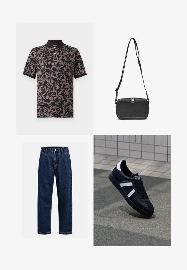 Sort polo-shirt med blomstermønster i grå nuancer. Har krave, kortærmer og tre-knap lukning.; Mørkeblå denimjeans med lige ben-design. Har synlige syninger, en knaplukning og frontfoldninger for ekstra detalje.; Sort lædersneaker med hvide striber, tekstureret gummisål og snørrebånd foran. Har et brandet mærke på tungen.; Sort læder crossover taske med lynlåslukning, præget logo på fronten og justerbar rem. Glat tekstur med rektangulær form.