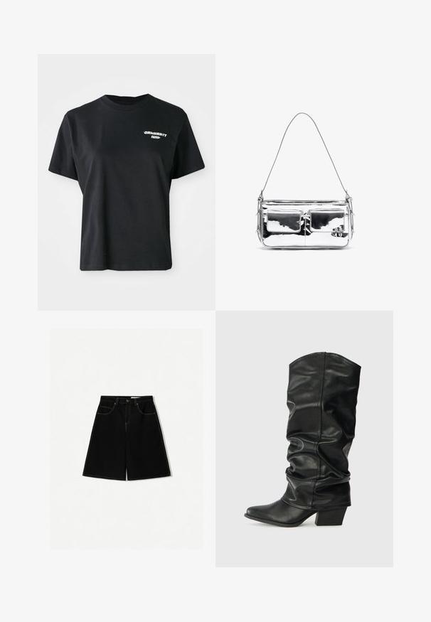 Black cotton t-shirt with a round neckline and short sleeves. Features a white graphic logo on the left chest area.; Black denim shorts with a loose fit, featuring five pockets, yellow stitching accents, and a mid-rise waist design.; Black leather knee-high boots with a slouched design, pointed toe, and a chunky heel, featuring smooth texture and minimal stitching.; Silver metallic shoulder bag with two front pockets, smooth texture, stitch detailing, and a single detachable strap. Compact rectangular shape.