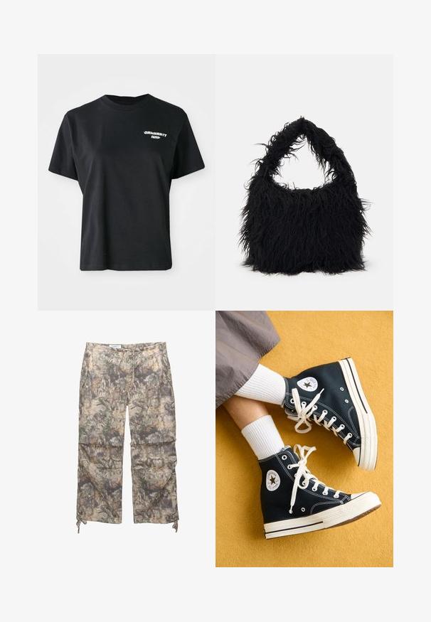 Svart bomullströja med rund halsringning och korta ärmar. Har en vit grafisk logotyp på vänster bröst.; Byxor med kamouflage-mönster i ett lätt material, elastisk midja, sidofickor och justerbara dragsnörning vid vristerna.; Svarta högsneakers i kanvas med vita snörningar och gummisulor, med en rund Converse All Star-logotyp på utsidan.; Even&Odd Shoppingväska - black