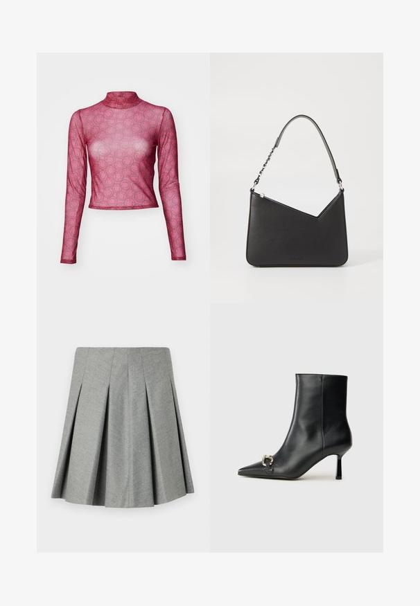 Długi rękaw, dopasowany top z przezroczystej różowej siateczki z powtarzającym się wzorem uśmiechniętej buźki. Wysoka szyja, miękka i lekka faktura.; Szara spódnica plisowana wykonana z teksturowanej tkaniny, z dopasowanym paskiem w talii i rozszerzanym krojem. Brak widocznych elementów metalowych lub akcentów.; Czarny skórzany botek za kostkę z szpiczastym noskiem, smukłym średnim obcasem i srebrnym zapięciem po boku na jednolitym tle.; Czarna skórzana torebka o trójkątnym kształcie, z cienkim paskiem i srebrnymi elementami. Posiada zamek błyskawiczny oraz wytłoczone logo z przodu.