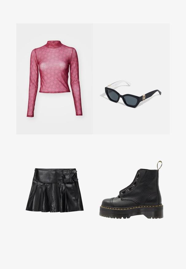Camiseta de manga larga ajustada en malla rosa transparente con un patrón repetido de caras sonrientes. Diseño de cuello alto con una textura suave y ligera.; Falda de cuero negro con pliegues, cinturilla ancha y dos hebillas en el lateral. Textura suave con un acabado brillante.; Botín negro de cuero con superficie texturizada, punta redonda, diseño de cordones, costuras amarillas y una gruesa suela de plataforma negra estriada.; Tommy Hilfiger Gafas de sol - blue