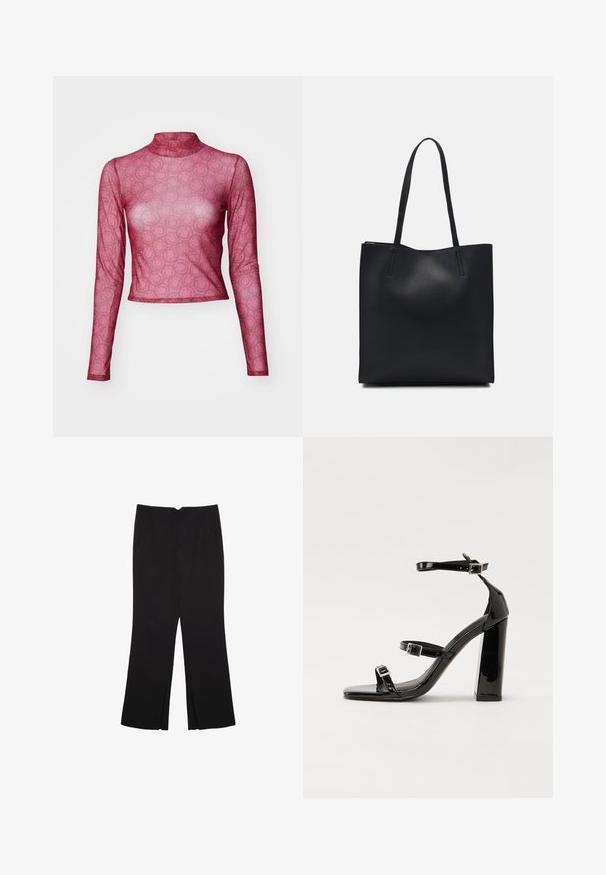 Langærmet, tætsiddende top i gennemsigtigt lyserødt mesh med et gentagende smiley-ansigt mønster. Højhalset design med en glat, let tekstur.; Sorte bukser med lige pasform, der har frontlommer og slidser i kanten. Lavet af blødt, glat stof. Velegnet til forskellige anledninger.; Sorte patenterede hælsandaler med firkantet tå, ankelremme og sølvspænder. Har en chunky blokHæl for stabilitet.; Sort læder tote taske med glat tekstur, rektangulær form og to lange hanke. Ingen synlig hardware eller udsmykninger.