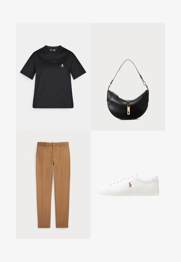 Μαύρο βαμβακερό μπλουζάκι με στρογγυλή λαιμόκοψη, κοντά μανίκια και ένα μικρό λευκό λογότυπο στη αριστερή πλευρά του στήθους. Λείο ύφασμα, άνετη εφαρμογή.; Καφέ βαμβακερό παντελόνι με κομψή γραμμή, επίπεδο μπροστινό μέρος και κανονικές τσέπες; λεία υφή και ραμμένα μανίκια.; Λευκά δερμάτινα sneakers, χαμηλού σχεδιασμού, με απαλή υφή, στρογγυλή μύτη, δέσιμο μπροστά και μικρό κεντημένο λογότυπο στο πλάι.; Μαύρη δερμάτινη τσάντα χειρός σε σχήμα μισού φεγγαριού. Διαθέτει χρυσή μεταλλική λεπτομέρεια και στενό λουρί. Απαλή υφή, κλείσιμο με φερμουάρ στην κορυφή.