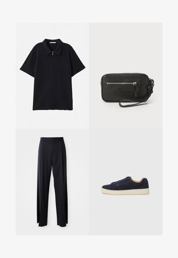 Melnā polo krekls ar pus-zip piegriezumu, izgatavots no ribota auduma. Īsas piedurknes un brīvs piegriezums. Nav redzamu rakstu vai akcentu.; Melnas, augstās vidukļa bikses ar platām kājām, izgatavotas no gludas auduma. Iezīmē priekšējās krokas un jostas cilpas. Minimalistisks dizains, bez redzamām detaļām.; Jūras spēku zamša zemas tenisa kurpes ar noapaļotu purngalu, off-white gumijas zoli un saskaņojošām šņorēm; iekļauj kontrastējošu brūnganu iekšējo izšuvumu.; Melnas ādas clutch soma ar teksturētu virsmu, priekšējo rāvējslēdzēja kabatu un noņemamu roku siksnu. Iekļauts logotipa uzlikums priekšpusē. Taisnstūra forma.