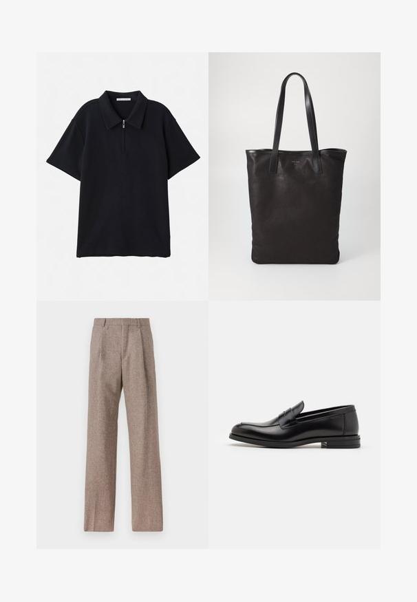 Černé polo triko s límcem na půl zip, vyrobené z jemně žebrované tkaniny. Krátké rukávy a volný střih. Žádné viditelné vzory ani akcenty.; Hnědé kalhoty s vysokým pasem vyrobené z texturované látky. Mají široké nohavice a dva přední sklady pro strukturu. Úhledné provedení bez viditelné kovových částí.; Černé kožené polobotky s hladkou texturou, zaoblenou špičkou a zdobným páskem přes nárt. Nízký stohovaný podpatek, minimalistický design.; Černá plátěná taška s černými koženými uchy. Jednoduchý design, prostorné tělo a hladký povrch. Žádné viditelné loga ani vzory.