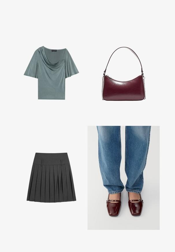 Kortærmet top i lysegrøn stof med draperet udskæring og svungne ærmer. Glat tekstur, moderat pasform og ensfarvet.; Faldet grå nederdel lavet af tekstureret stof, med en flad livvidde og to forreste klapper samt flere lodrette folder for ekstra volumen.; Burgunderfarvede patentlæder sko med firkantet tå og ankelrem, parret med lyseblå løs pasform jeans. Skoene har en glansfuld overflade.; Bordeaux læder håndtaske med en buet form, lynlåslukning og en rem med kædeaccent. Glat tekstur med let glans.
