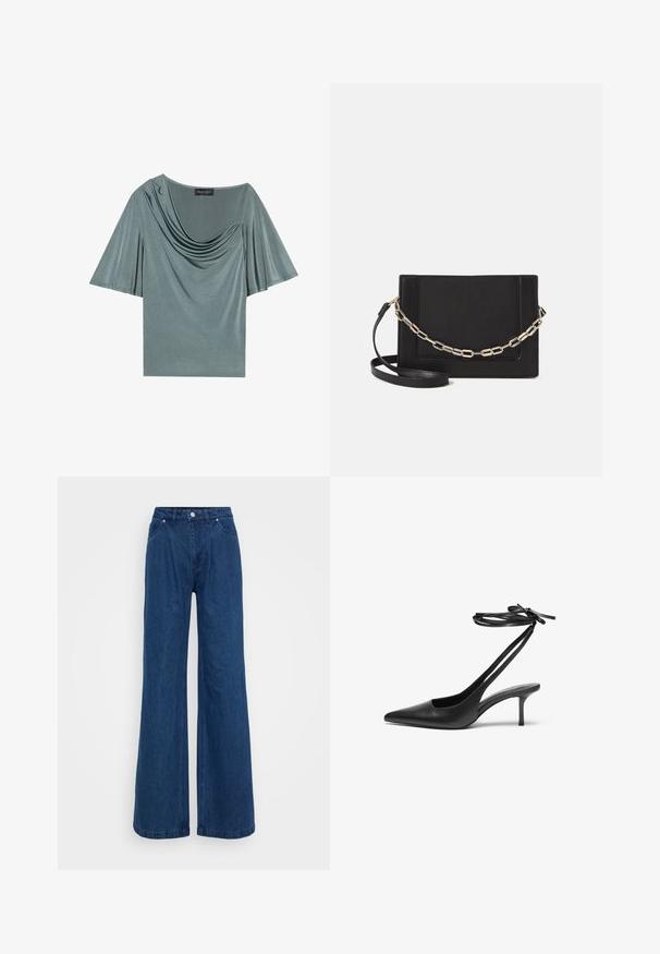 Short-sleeve top in light green fabric with draped neckline and flowing sleeves. Smooth texture, modest fit, and solid color.; Wide-leg blue denim jeans with a high waist, front button and zipper closure, and front and back pockets against a plain background.; Black leather stiletto shoe with a pointed toe, open back, and ankle straps tied in a bow. Slim 3-inch heel. Smooth texture, minimalist design.; Black leather crossbody bag featuring a smooth texture, rectangular shape, and a metallic chain detail on the front. Adjustable strap included.