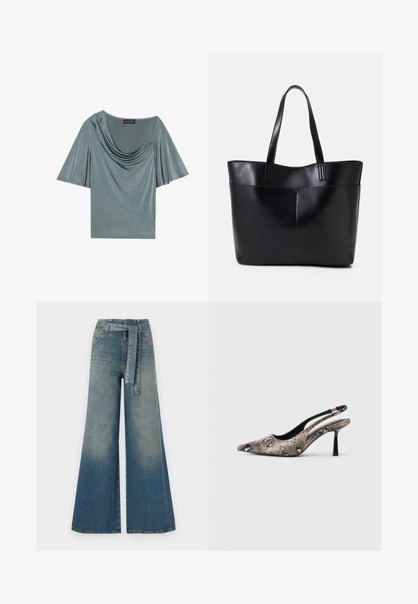 Lühikeste varrukatega tipp helesinisest kangast, millel on voolav kaelus ja voolavad varrukad. Sile tekstuur, tagasihoidlik lõige ja ühtlane värv.; Laiad denimpüksid, millel on hele tume sinine gradiendiefekt, kõrge vöökoht, vöökumlid ja sobivast kangast vöö. Struktureeritud denimi viimistlus.; Kitsas varvusega slingback kingad, mis on valmistatud tekstuuriga maosarnase materjali toel, omavad saledat musta kõrget kontsa ja lõikega disaini külgedel.; Must mustaga musta nahast, millel on kaks pikka kanda, sile tekstuur ja struktureeritud kuju. Esipoolsel on lisakoti jaoks tasku.