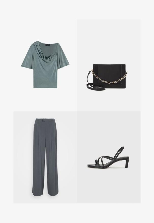 Šviesiai žalia trumpomis rankovėmis palaidinė su drapiruotu kaklu ir plačiomis rankovėmis. Lygus paviršius, suspaustas siluetas ir vientisa spalva.; Pilkos plačios kojos kelnės, pagamintos iš struktūruotos medžiagos, su mygtuko uždarymu, vienu klostėmis ir elastingu juosmeniu patogumui.; Juodi šlepetės su kvadratiniu pirštu ir žemu bloku kulnu. Yra keli ploni dirželiai ir reguliuojamas kulkšnies diržas. Pagaminti iš lygios odos.; Juodas odinis per petį nešiojamas krepšys turi lygų paviršių, stačiakampio formą ir metalinę grandinėlę priekyje. Pridedama reguliuojama dirželis.