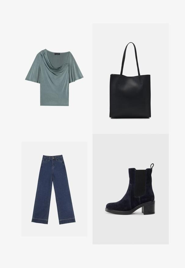 Short-sleeve top in light green fabric with draped neckline and flowing sleeves. Smooth texture, modest fit, and solid color.; Wide-leg jeans in dark blue denim. Features five pockets, belt loops, and a raw hem at the bottom with visible stitching details.; Navy blue suede ankle boot with elastic side panel, rounded toe, and block heel. Textured fabric and smooth sole add contrast.; Black leather tote bag with smooth texture, rectangular shape, and two long handles. No visible hardware or embellishments.