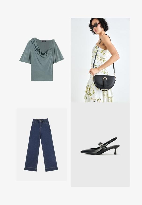 Top cu mânecă scurtă dintr-un material verde deschis, cu decolteu drapat și mâneci fluide. Textură netedă, croială modestă și culoare uniformă.; Jeans evazați din denim albastru închis. Au cinci buzunare, bucle pentru curea și o margine brută la baza, cu detalii de coasere vizibile.; Sandale cu toc din piele patent neagră, cu vârful ascuțit și un toc mic bloc, având un accent cu cataramă argintie pe curea.; Geantă din piele neagră, cu o formă curbată, curea detașabilă și accesorii aurii. Geanta are un capac cu un detaliu tip cataramă.