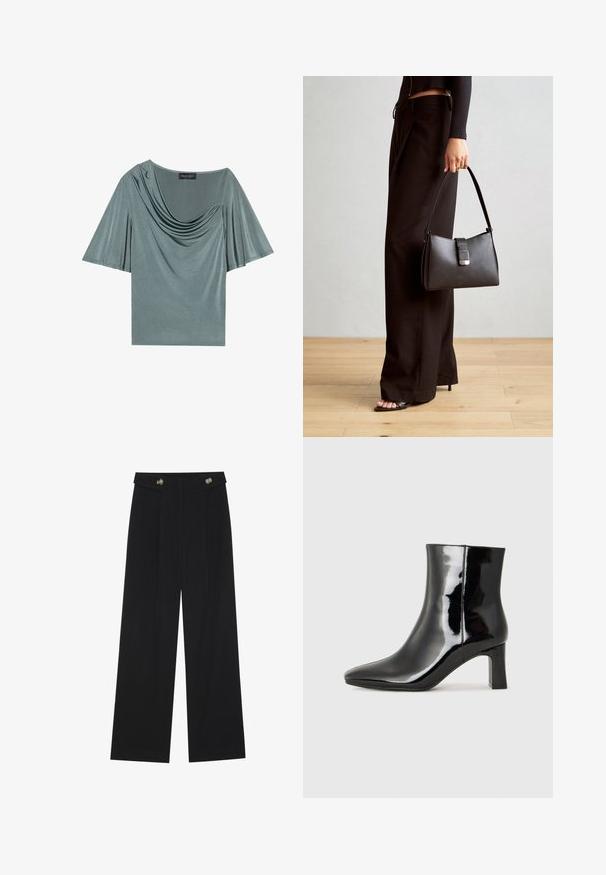 Top de mangas curtas em tecido verde claro com decote drapeado e mangas fluidas. Textura suave, ajuste modesto e cor sólida.; Calças largas pretas com cintura alta, detalhes em botão na cintura e pregas frontais.; Botim de tornozelo em pele sintética preta com bico apontado e salto bloco de altura média. Textura suave e design minimalista.; Bolsa preta com forma estruturada, textura suave e um fecho metálico. Combinada com calças largas pretas e sandálias de salto aberto sobre um chão de madeira.