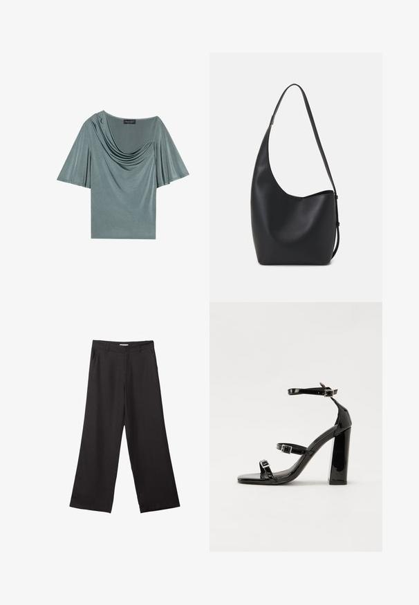 Kortærmet top i lysegrøn stof med draperet udskæring og svungne ærmer. Glat tekstur, moderat pasform og ensfarvet.; Sorte bukser med vidde, lavet af glat stof, med en frontlynlås og to sidelommer, i en skræddersyet pasform og minimalistisk design.; Sorte patenterede hælsandaler med firkantet tå, ankelremme og sølvspænder. Har en chunky blokHæl for stabilitet.; Sort læder hobo taske med en glat overflade, buet form og en enkelt justerbar rem; har en bred åbning øverst.