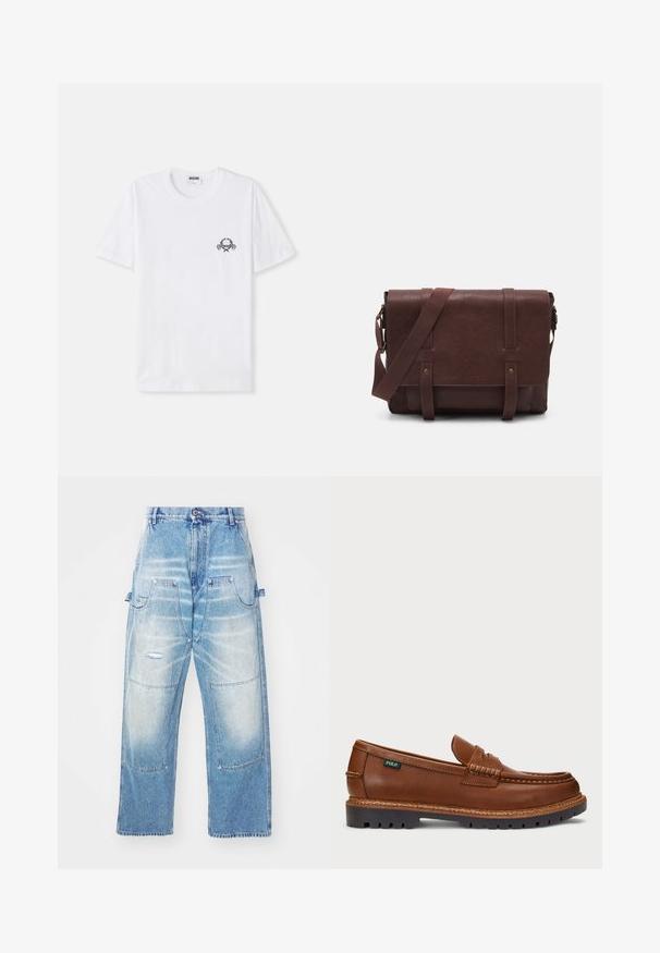 Balta medvilninė marškinė su maža juoda krabų grafika ir dekoratyviniais elementais ant krūtinės. Trumpomis rankovėmis ir apvaliu kaklu.; Šviesiai mėlynos džinsinės kelnės su laisvu siluetu, turinčios kelis kišenius, nusidėvėjimo detales ir išblukusį apdailą. Tiesios kojos dizainas.; Rudos odinės loafer'iai su dekoratyvine siuvinėjimo linija ir tekstūruotu pirštu. Padas pasižymi tvirtu dizainu, užtikrinančiu sukibimą ir ilgaamžiškumą.; Rudas odinis paštininko krepšys su lygiu priekiniu dangčiu, dviem diržais, auksiniais detalėmis ir reguliuojamu peties diržu.