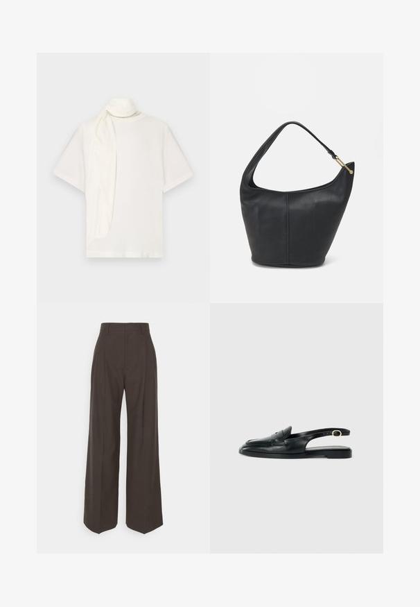 White short-sleeve t-shirt featuring a draped fabric accent at the neck. Made from soft material with a relaxed fit and smooth texture.; Dark brown wide-leg trousers with a high waist, featuring neatly pressed creases, smooth texture, and a tailored fit.; Black leather slingback shoe with a rounded toe, flat sole, side cutout, and strap featuring a gold-tone hardware detail.; Black leather handbag with a rounded shape, a wide strap, and a textured finish. Features a subtle seam detail and a gold-tone hardware accent.