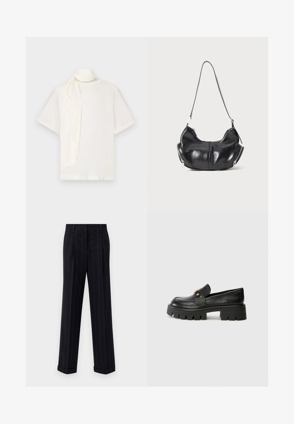 Weißes Kurzarm-T-Shirt mit einem drapierten Stoffakzent am Hals. Hergestellt aus weichem Material mit einer lässigen Passform und glatter Textur.; Schwarz gestreifte Hose mit tailliertem Schnitt, mit einem umgeschlagenen Saum und vorderen Falten. Hergestellt aus glattem Stoff mit einer strukturierten Gestaltung.; Schwarze Lederloafers mit einer klobigen Sohle, die an der Vorderseite ein goldfarbenes Akzent und eine glatte Oberfläche aufweisen. Klobiges Profil-Design auf der Sohle.; Schwarze lederne, mondförmige Schultertasche mit silbernen Reißverschlüssen auf beiden Seiten und einem einzigen Trageriemen.