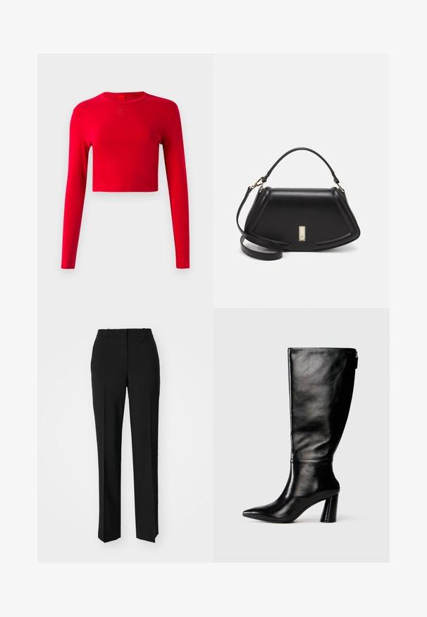 Red long-sleeve cropped top with round neckline and small embossed "HUGO" logo centered below collar on plain background.; Black tailored trousers with a straight-leg design, featuring a smooth texture and crisp creases along the front. No visible hardware.; Knee-high black leather boot with a pointed toe, smooth texture, and a chunky heel. Features a zipper detail at the back.; Black leather handbag with a structured design, featuring a cropped shape, top handle, and gold hardware accent. Adjustable shoulder strap included.