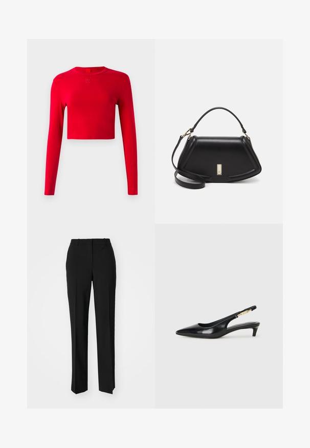 Sarkans garām piedurknēm apgriezts tops ar apaļu izgriezumu un mazu reljefu "HUGO" logo, kas centrēti novietots zem apkakles uz vienkrāsaina fona.; Melnas pielāgotas bikses ar taisnu kāju dizainu, kas raksturojas ar gludu faktūru un asiem krokām pa priekšu. Nav redzamu metāla detaļu.; Melnas ādas slingback zābaki ar smailu purngalu, ar šauru papēdi un zelta krāsas akcentu uz regulējama siksniņas. Gluda tekstūra.; Melnas ādas roku soma ar struktūru, ar īsu formu, augšējo rokturi un zelta aksesuāriem. Iekļauta regulējama plecu siksna.