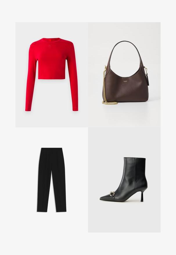 Top corto de manga larga rojo con cuello redondo y pequeño logo en relieve "HUGO" centrado debajo del cuello sobre un fondo liso.; Pantalones negros de corte recto, con doble pinza, textura suave y un diseño de cinturilla clásica. Sin hardware o acentos visibles.; Botín negro de cuero hasta el tobillo con punta afilada, tacón delgado de altura media y detalle de hebilla plateada en el lateral, sobre un fondo liso.; COACH BROOKLYN SHOULDER BAG 23 - Bolso de mano - maple