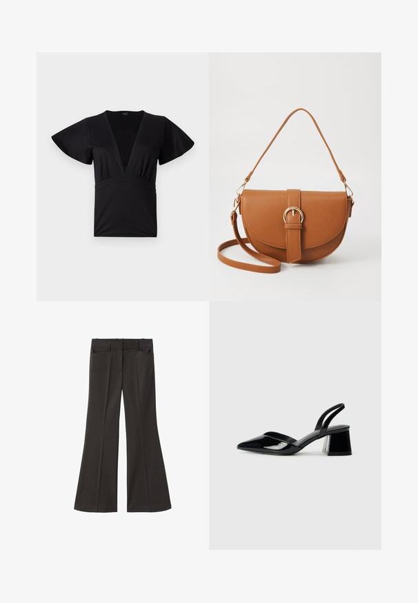 Black short-sleeve top made of soft fabric, featuring a deep V-neck and an empire waist with gathered detail. Smooth texture, relaxed fit.; Black flared trousers with a high waist; features two front pockets and a smooth fabric texture. Suitable for various occasions.; Black patent leather slingback heels with a pointed toe and a geometric block heel. Features a sleek, minimal design and smooth texture.; Brown leather crossbody bag with a curved shape, gold hardware, and a buckle accent. Features a detachable shoulder strap.