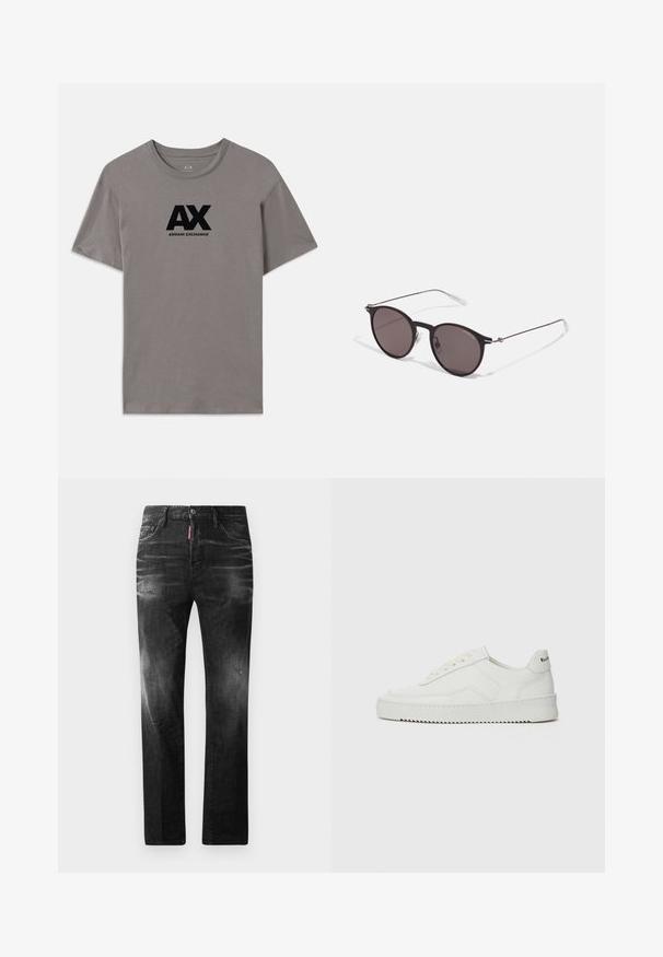 Gray cotton t-shirt featuring a black printed logo with "AX" and "ARMANI EXCHANGE" text. Classic crew neck and short sleeves.; Black denim jeans with a straight fit. Features faded areas, minor distressing, classic five-pocket design, and a button closure.; White leather sneaker with a smooth finish, round toe, flat laces, and a textured sole. Features a subtle logo on the heel.; Black round sunglasses with dark lenses and slim metal arms. Includes clear temple tips and silver accents at the hinge. Minimalist design.