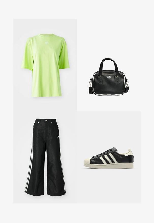 Limetkově zelené oversized tričko vyrobené z bavlny, s kulatým výstřihem a krátkými rukávy. Malé bílé logo Adidas na hrudi.; Černé široké džíny s třemi bílými pruhy po stranách a malým bílým logem. Obsahují přední kapsy a zapínání na knoflík.; Černé kožené sneakers s bílými pruhy, gumovou špičkou, černými tkaničkami a krémovou podešví. Hladký povrch s lesklým finišem.; Černá kožená kabelka se dvěma krátkými uchy, stříbrným kováním, bílými detaily a bílým logem. Má texturovaný povrch a kompaktní design.