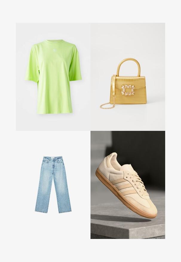 Limetkovozelené prešívané tričko s krátkym rukávom vyrobené z bavlny, s okrúhlym výstrihom a krátkymi rukávmi. Na hrudi malé biele logo Adidas.; Svetlomodré džíny s širokými nohavicami a vysokým pásom, so zosvetlenou úpravou a malými, rozptýlenými poškodenými detailmi po celom obvode.; Svetlo béžová semišová teniska s gumovou podrážkou, tromi diagonálnymi pruhmi a textúrovaným špičkovým krytom. Obsahuje logo na jazyku a boku.; Žltá falošná krokodília kabelka so štruktúrovaným dizajnom, horným držadlom, odnímateľným reťazovým popruhom a dekoratívnym kryštálovým ozdobením na zapínaní.