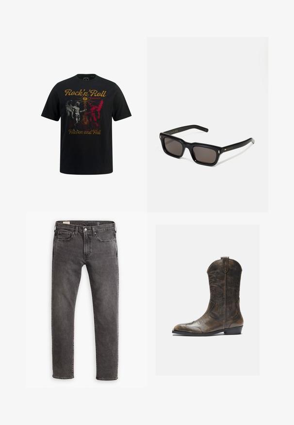 Camiseta de algodón negra con un gráfico que presenta ilustraciones en blanco y rojo contrastantes de ángeles y demonios, con el texto "Rock'n'Roll Entre el Cielo y el Infierno."; Jeans de mezclilla gris con corte recto, diseño de cinco bolsillos y cierre de botón. Presenta un ligero desgaste y costuras tonal a lo largo.; Bota de cowboy de cuero marrón con un caña alta, puntera puntiaguda, patrones de costura intrincados y un tacón pequeño. Acabado texturizado en toda la bota.; Gafas de sol rectangulares negras con lentes oscuros, marco de plástico grueso, acentos dorados en las patillas y logotipo de la marca grabado en el brazo.