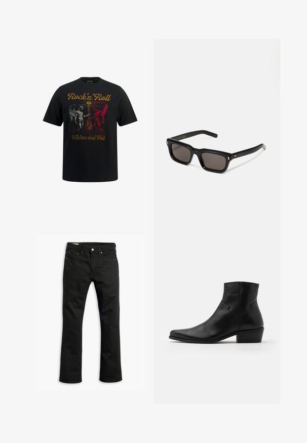 T-shirt nera in cotone con una grafica che presenta illustrazioni in contrasto di angeli e demoni in rosso e bianco, con la scritta "Rock'n'Roll tra Cielo e Inferno."; Jeans in denim nero con design a gamba dritta, cinque tasche, chiusura con bottone metallico e dettagli di cucitura sottili. Tessuto liscio e colore solido.; Stivaletto in pelle nera con punte affusolate, dettagli di cucitura minimi, tacco a blocco di altezza media e finitura liscia e lucida.; Occhiali da sole neri rettangolari con lenti scure, montatura spessa in plastica, dettagli dorati sulle tempie e logo del marchio inciso sull'asta.