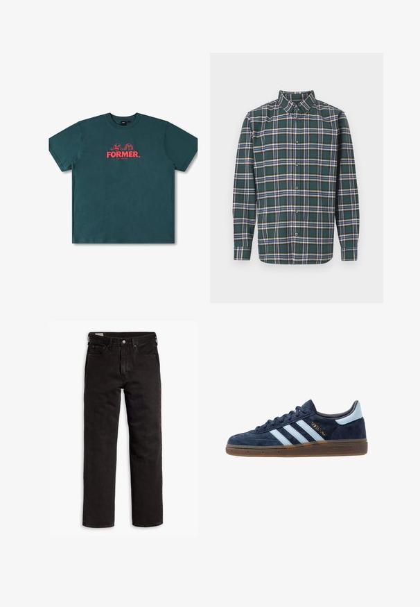 Camiseta de algodón color teal con mangas cortas, cuello redondo y un gráfico central con el texto "FORMER." y personajes divertidos en rojo.; Camisa de franela verde con un patrón a cuadros que presenta líneas en azul, blanco y amarillo mostaza. Con botones en el frente y cuello puntiagudo. Mangas largas.; Vaqueros de mezclilla negros de pierna recta con cinco bolsillos, cierre de botón y trabillas para cinturón, dispuestos sobre un fondo blanco.; Zapatilla Adidas de ante azul marino con rayas azul claro, suela de goma, tab de talón azul claro y el logo dorado "Spezial" en el lateral.