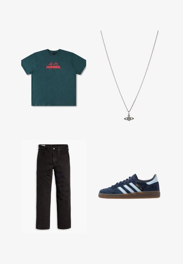 Teal katoenen T-shirt met korte mouwen, een ronde hals en een centrale grafische afbeelding met de tekst "FORMER." en speelse karakters in het rood.; Zwarte recht gesneden denim jeans met vijf zakken, knoopsluiting en riemlussen, plat gelegd op een witte achtergrond.; Marineblau suede Adidas sneaker met lichtblauwe strepen, gumzool, lichtblauw hielstuk en gouden "Spezial" branding aan de zijkant.; Zilveren ketting met een gedetailleerde hanger in de vorm van een planeet, versierd met kleine accenten en verfijnde patronen.