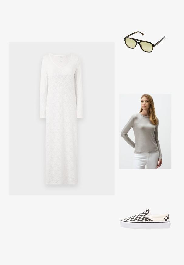 Silberner Langarm-Oberteil mit glatter Textur und Rundhalsausschnitt, kombiniert mit weißen Hosen im figurbetonten Design.; Langärmliges weißes Kleid mit Spitze, V-Ausschnitt, fließender Form und strukturiertem Stoff, der bis zu den Knöcheln reicht.; Schwarz-weiße karierte Slip-On Vans-Schuhe mit einem Obermaterial aus Canvas, Gummisohle und gepolstertem Kragen. Flache, runde Zehenpartie mit weißen Sohlenakzenten.; Schildkrötensonnenbrille mit rechteckiger Form, grün getönten Gläsern und gemusterten Acetatrahmen. Verfügt über metalliche Akzente in der Nähe der Gläser.; Dunkle Lederhandtasche mit zwei Vorderfächern, einer zentralen Schnalle und goldfarbenen Beschlägen. Glatte Textur mit einer gewölbten Silhouette.