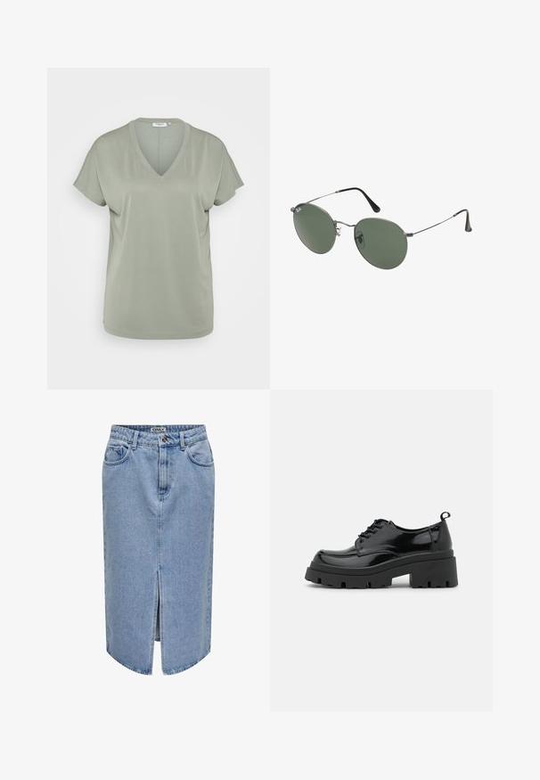 MSCH Copenhagen FENYA V NECK TEE - Jednoduché tričko - green milieu; Svetle modrá džínová sukně s rovný střihem, předním rozparkem, designem s pěti kapsami a zipem s knoflíkovým zavíráním.; Černé lakované kožené boty s robustní platformou a silnými tkaničkami. Zakulacená špička, minimální detaily a malý pásek na patě.; Sluneční brýle s kovovým rámem a oválnými zelenými skly. Tenký stříbrný kovový rám a černé chrániče uší. Minimalistický design, žádné viditelné logo.