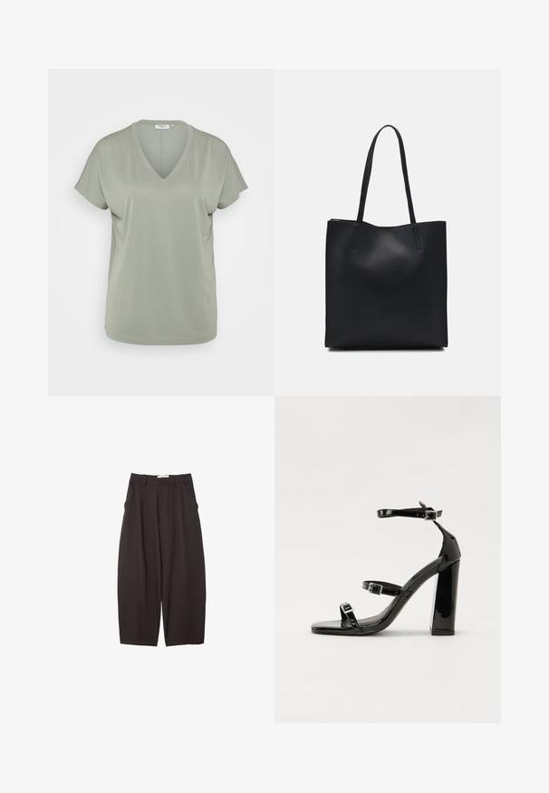 MSCH Copenhagen FENYA V NECK TEE - Jednoduché tričko - green milieu; Černé široké kalhoty vyrobené z hladkého materiálu, s vysokým pasem, předními sklady a bočními kapsami. Jednoduchý design bez ozdob.; Černé lakované sandály na podpatku se čtveratou špičkou, lýtkovými pásky a stříbrnými přezkami. Disponují masivním blokovým podpatkem pro stabilitu.; Černá kožená taška přes rameno s hladkým povrchem, obdélníkovým tvarem a dvěma dlouhými uchy. Žádné viditelné kování ani ozdoby.