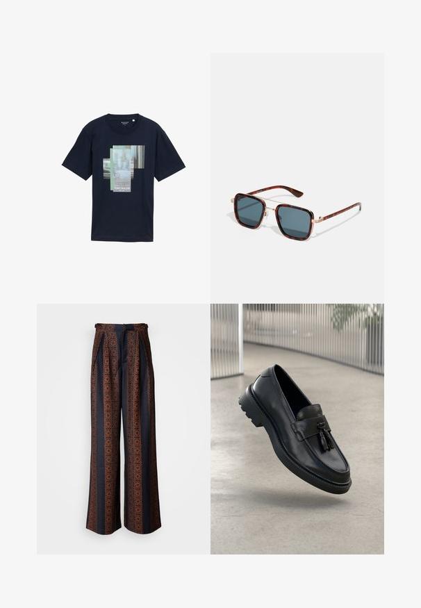 Mørkeblå bomulds T-shirt med lagdelt grafisk design, der har teksten "PRESS >>> PLAY" og mærkenavnet "TOM TAILOR" i hvid. Korte ærmer.; Marineblå skjorte med knapper og et blomstret geometrisk mønster i nuancer af orange. Har en krave og lange ærmer med knapmanchetter.; Bredde ben bukser i mørkeblå stof med et indviklet orange geometrisk mønster, med plisseret front og en tætsiddende talje.; Sorte læderloafer med glat finish, dekorativ kvast, tyk gummisål og syede detaljer. Let og elegant design.; Skildpaddemønster solbriller med mørke grå glas, firkantet form, guldmetal detaljer og slanke stænger med karakteristisk stribet dekoration.