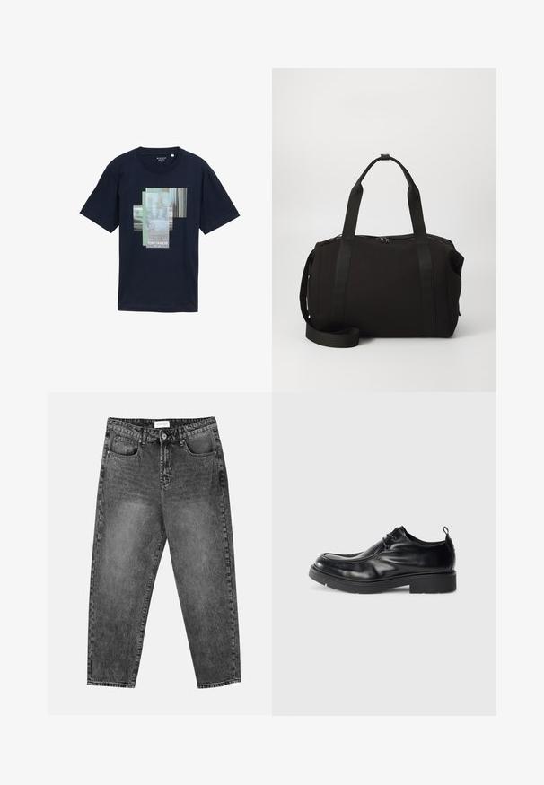 Sötétkék pamut póló, rétegezett grafikai designnal, a következő szöveggel: "NYOMJ >>> LEJÁTSZÁS" és a "TOM TAILOR" márkanevével fehér színben. Rövid ujjú.; Fekete mosott elegáns egyenes szárú farmernadrág, elülső és hátsó zsebekkel, övhurkokkal és gombos záródással a deréknál.; Fekete bőr öltönycipő kerek orral, fűzős elejével és díszes varrásával. Vastag, textúrált gumi talppal és sarkal remek jellemzőkkel rendelkezik.; Fekete sporttáska vastag fogantyúkkal és levehető pánttal. Sima anyagból készült, cipzáras záródással és minimalista dizájnnal rendelkezik.
