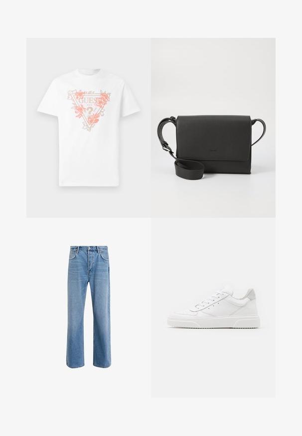 Balta medvilninė marškinė su trikampiu logotipu, dekoruotu koralinėmis ir auksinėmis gėlėmis. Trumpomis rankovėmis ir apvaliu iškirpimu.; Šviesiai mėlyni džinsai su tiesiu kirpimu, penkios kišenės, mygtuko užsegimas, minimalus blukimas ir kontrastingi siuvimo detalės.; Balti odiniai sportbačiai su lygiu paviršiumi, apvaliu pirštu, plokščiomis raištelėmis ir struktūrizuota padu. Pilko zimšo akcentas ant kulno.; Juodas odinis per petį nešiojamas krepšys su tekstūruota apdaila, stačiakampio formos, su užsegimu ant dangtelio, reguliuojama juosta ir subtiliu logotipo akcentu.