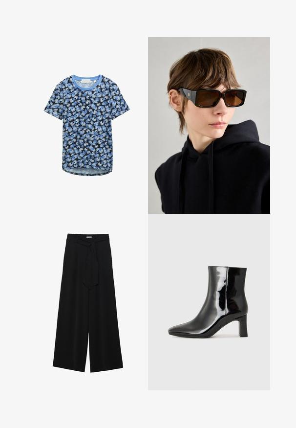 TOM TAILOR DENIM Jednoduché tričko - blue flower print; Černé kalhoty s širokými nohavicemi, vyrobené z texturované tkaniny, s elastickým pasem a odnímatelným páskem na úpravu velikosti.; Černé lakované kotníkové boty s špičatou špičkou a středně vysokým blokovým podpatkem. Hladká textura a minimalistický design.; Černé oversized sluneční brýle s lesklým povrchem, obdélníkovým tvarem, hnědými skleněnými čočkami a zlatým logem na stranách.